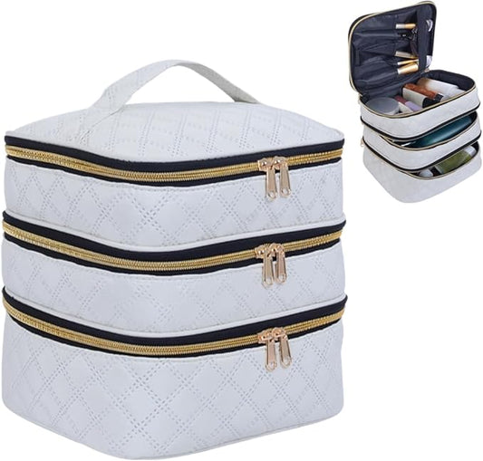 Large Makeup Bag 3 Layers with Handle Travel Makeup Bag Organizer Toiletry Accessories Bottles, Brushes, and Skin Care Products (Beige)