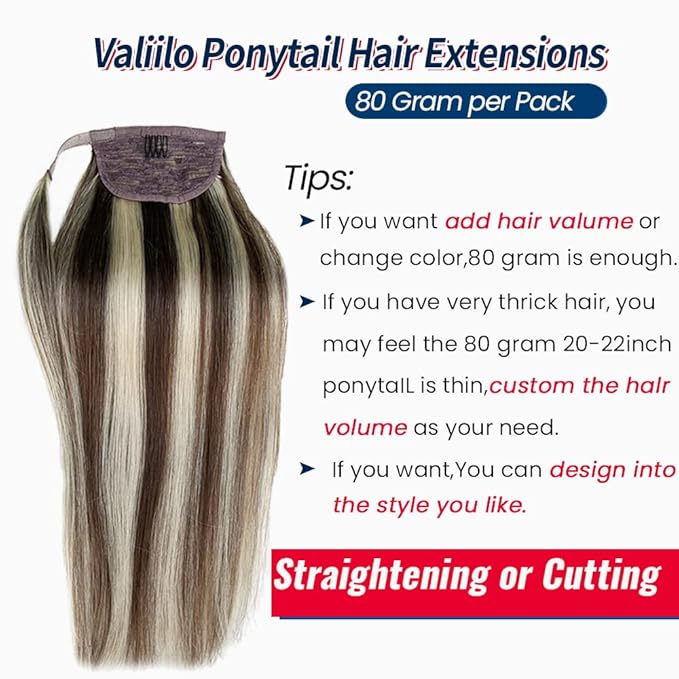 Ponytail Extension Human Hair Brown to Blonde Highlights Pony Tail Hair Pieces Clip in Wrap Around Pony Remy Hair Extensions for Women 20 Inch 80G #2P16