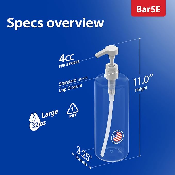 Bar5F Pump Bottle (2-Pack 32-Ounce 1-Liter) Empty for Shampoo Conditioner Body Wash Lotion BPA-Free Crystal-Clear
