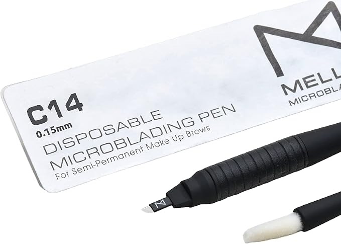 M PACK OF 10 Mellie's Signature Microblading Disposable Pen - Sterilized Blade - Comfortable Rubber Grip With Pigment Sponge (C14 NANO .15mm, Black)
