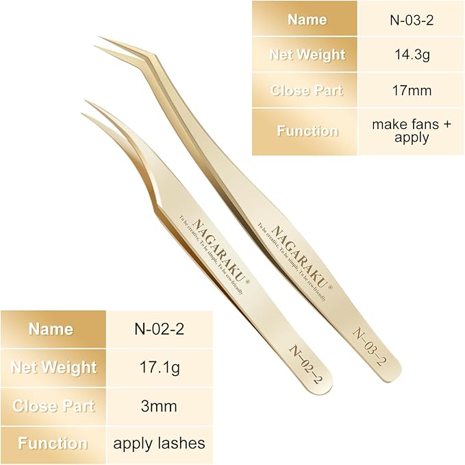 NAGARAKU Eyelash Extension Tweezers Gold Straight Curved 1 pair Angled Long tip Volume Cluster Light Weight Easy Fanning Tweezers Stainless Steel Precision