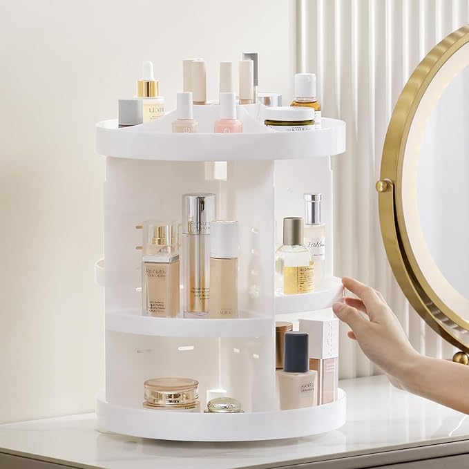 HBlife 360 Rotating Makeup Organizer Plus Size Adjustable Carousel Large Capacity Revolving Perfume Organizer Skincare Organizers Cosmetic Storage Spinning Holder for Vanity, White