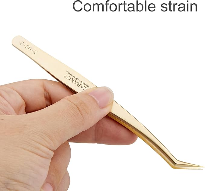 NAGARAKU Tweezers for Eyelash Extensions Gold Curved Angled Long tip Volume Cluster Super Light Weight Easy Fanning Tweezers Stainless Steel Precision (N-03-2)