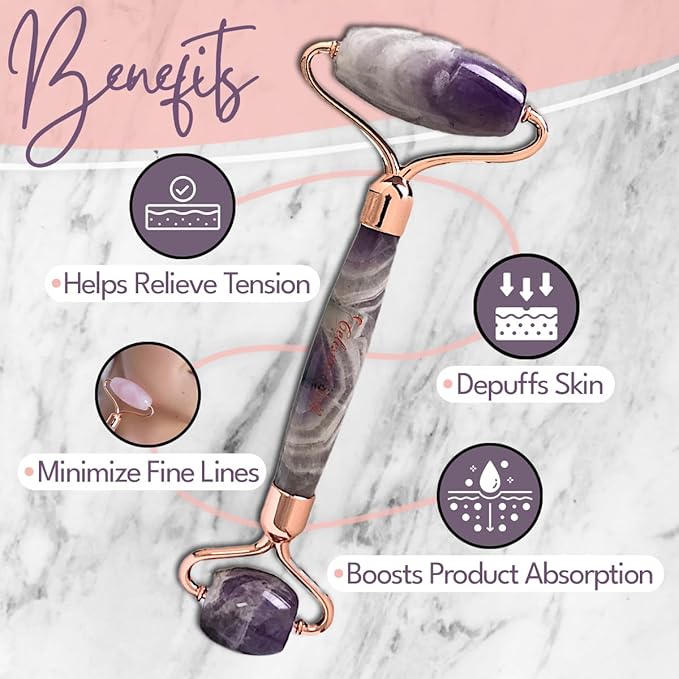 CELESTIAL SILK Amethyst Face Roller - Premium Anti Aging Beauty Facial Massager Genuine Natural Amethyst Stone Gemstone Roller- Skin Care for Face Eyes Neck