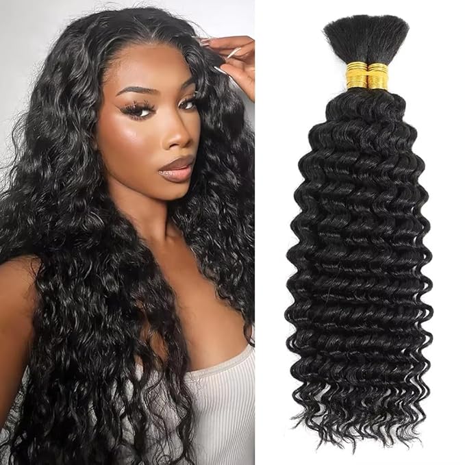 Human Braiding Hair for Boho Braids Human Hair Braiding Hair 100g 20 Inch Curly Boho Hair for Braid Knotless 12A Deep Wave Bulk Human Hair 2 Bundles/Pack Natural Color