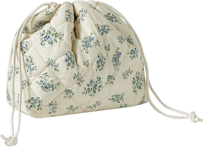 Cotton Quilted Drawstring Makeup Bag with Canvas Lining,Coquette Aesthetic Cute Travel Toiletry Bag,Drawstring Gift Bag for Women and Girls（11Blue Flower）