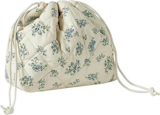 Cotton Quilted Drawstring Makeup Bag with Canvas Lining,Coquette Aesthetic Cute Travel Toiletry Bag,Drawstring Gift Bag for Women and Girls（11Blue Flower）