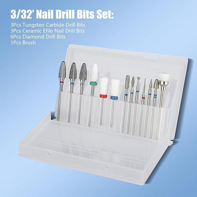 Depvko 13PC Nail Drill Bits Set, Drill Bits for Nails, 3pcs Tungsten Carbide Drill Bits+ 3pcs Ceramic Efile Nail Drill Bits+ 6pcs Cuticle Drill Bits+ 1pcs Brush, 3/32 inch Nail Bits for Nail Drill