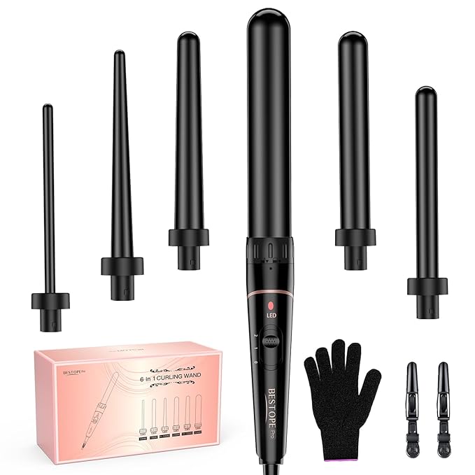 Long Barrel Curling Iron Wand Set, BESTOPE PRO 6 in 1 Curling Wand Set with Ceramic Barrel for Long/Medium Hair, 0.35"-1.25" Interchangeable Hair Wand Curler, Dual Volts, Include Glove & Clips - Black