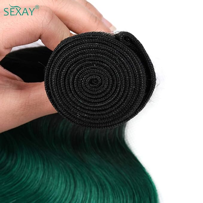 SEXAYHAIR Green Human Hair Brazilian Ombre Body Wave Bundles 1bGreen Virgin Hair 3 Bundles T1b/Green Color Human Hair Bundles Extensions for Women (12 14 16)
