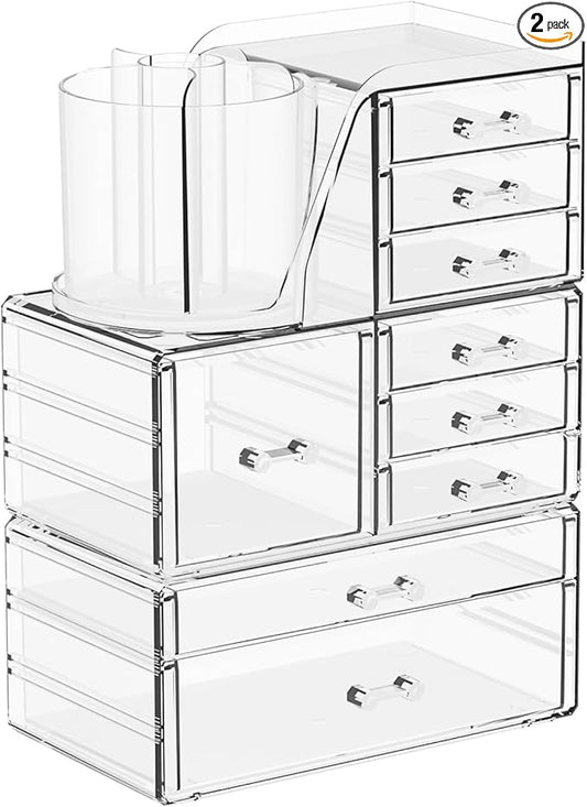 3 Pack Make up Organizers for Vanity & Counter,Clear Acrylic Cosmetic Storage Organizer With Brush Holder,Cute Makeup Holder for Dresser,Dorm,Bathroom Beauty Products,Lipstick and Skin Care Organizer