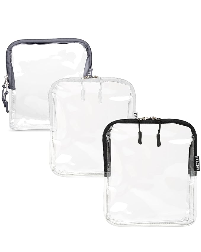 BORSALI TSA-Approved Quart-Sized Bag for Carry-on Travel - One (1) Quart Clear Toiletries, Cosmetic and 3-1-1 Liquids Toiletry Bag - Set of 3