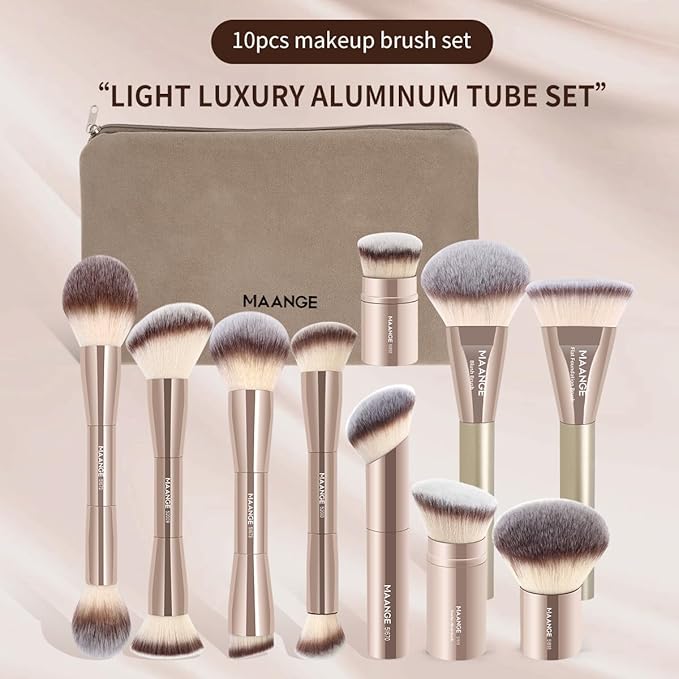 MAANGE Makeup Brush Set 10 Pcs Makeup Brushes with Zipper Bag, Double-End Multi-functional Makeup Brushes for Blending Liquid Powder Concealer Cream Blush Buffe, Champagne Gold