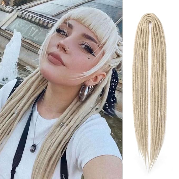 24 In Double Ended Dreadlock Extensions, 613 Blonde 10 Strands Thin 0.6cm Width Synthetic DE Dreads Extensions, 100% Handmade Dreads Hippie Style Dreadlocks for Woman