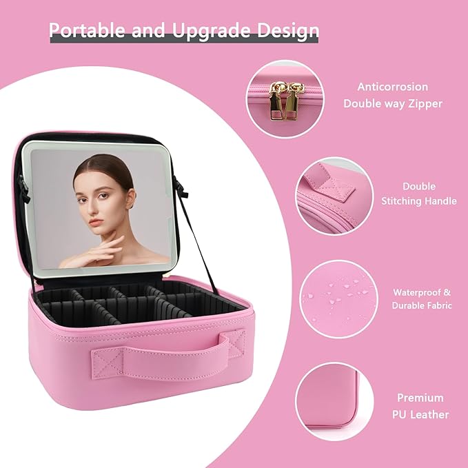 Travel Makeup Bag with LED Lighted Mirror,Cosmetics Organizer, Makeup Bag with 3 Color Lighted Setting, Portable Storage and Adjustable Dividers Travel Makeup Bag(Dark Pink)