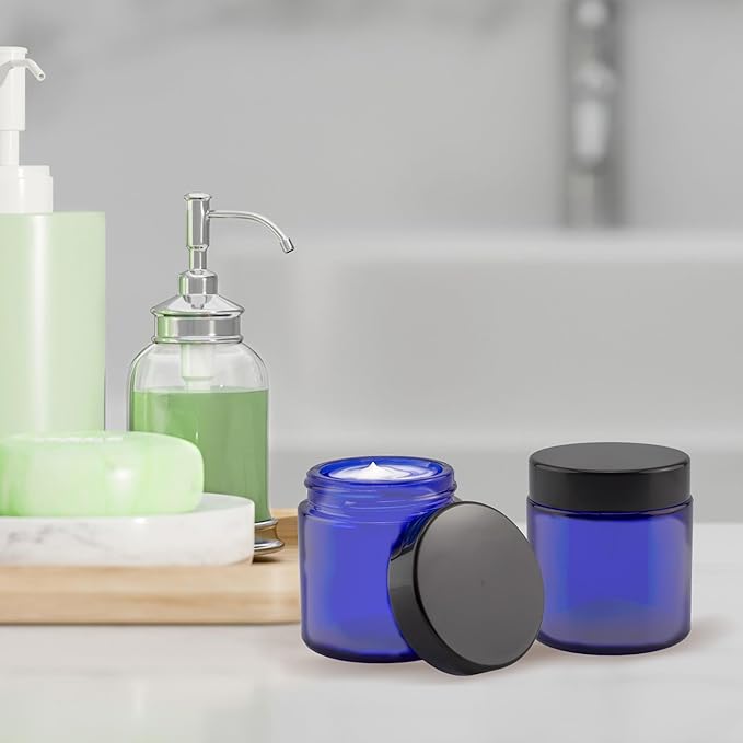4-Ounce Cobalt Blue Glass Straight Sided Cosmetic Jars (12-Pack); 120 ml. Capacity, BPA-Free Lids