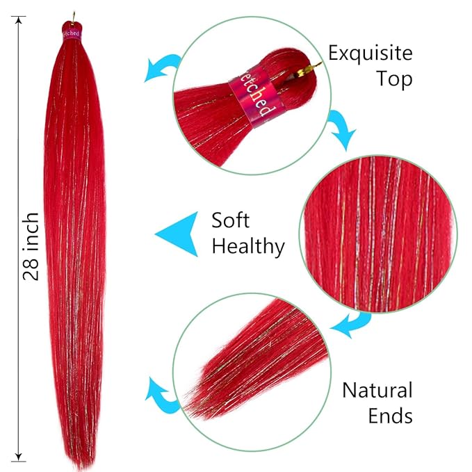 Upgraded Braiding Hair Extension Mix Tinsel, Pre Stretched Braiding Hair for Braiding Twist Braids Itch Free Hot Water Setting Yaki Straight Synthetic Hair (Rose red tinsel, 28 Inch (Pack of 3))