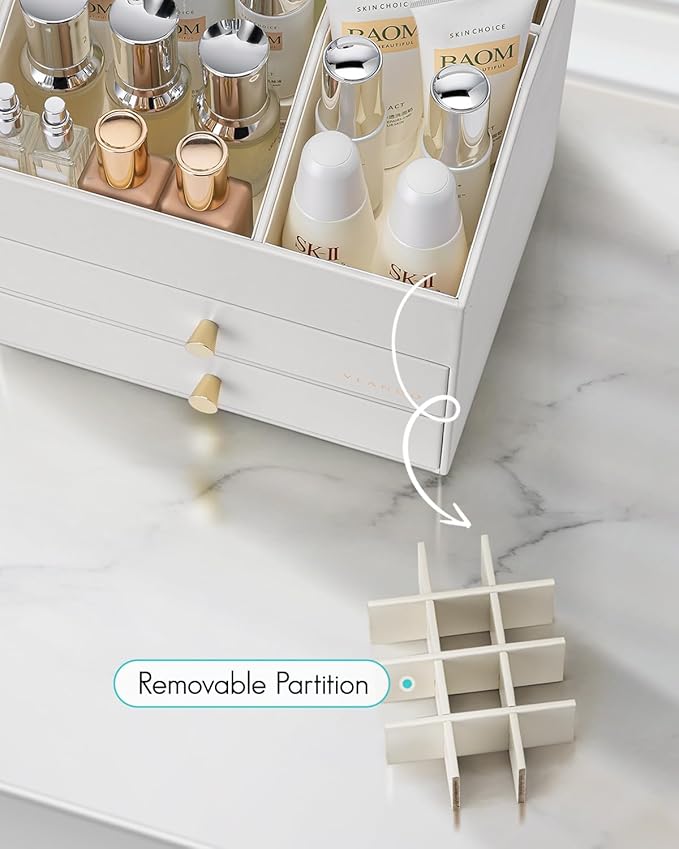 Vlando Makeup Organizer for Vanity,Large Capacity Countertop Organizer with Drawers, PU Leather Cosmetic Display Case for Lipstick,Brushes,Skincare,Nail polish and Bedroom Storage (White)