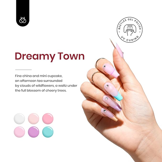 Beetles Gel Polish 5 in 1 Nail Glue and Base Gel Kit for Acrylic Nails and Gel Polish Nail Set 20 Colors Dreamy Town Collection Pastel Girly Sparkle Glitter 2023 Spring Summer Macaroon