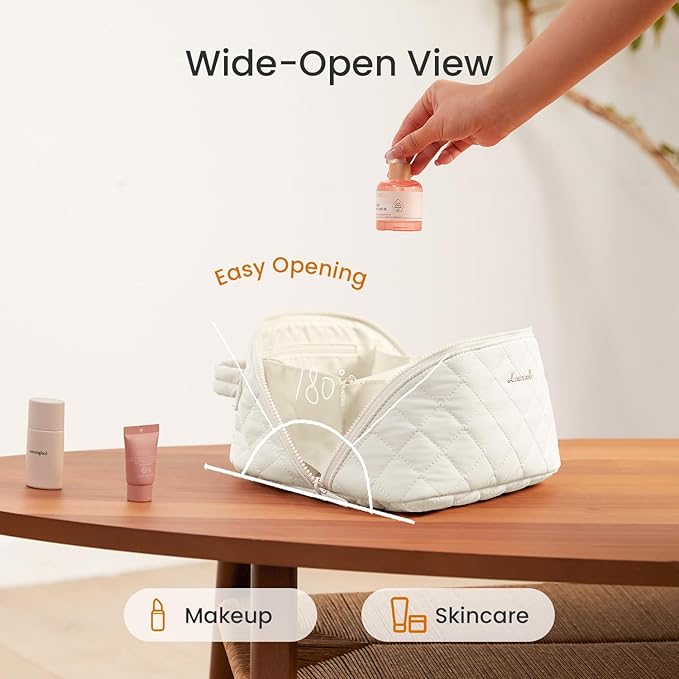 LOVEVOOK Travel Makeup Bag for Women, 2Pcs Set Puffer Waterproof Cosmetic Organizer, Large Capacity Pouch Open Flat Toiletry Bag with Divider & Handle, Portable Gift for Her, Beige