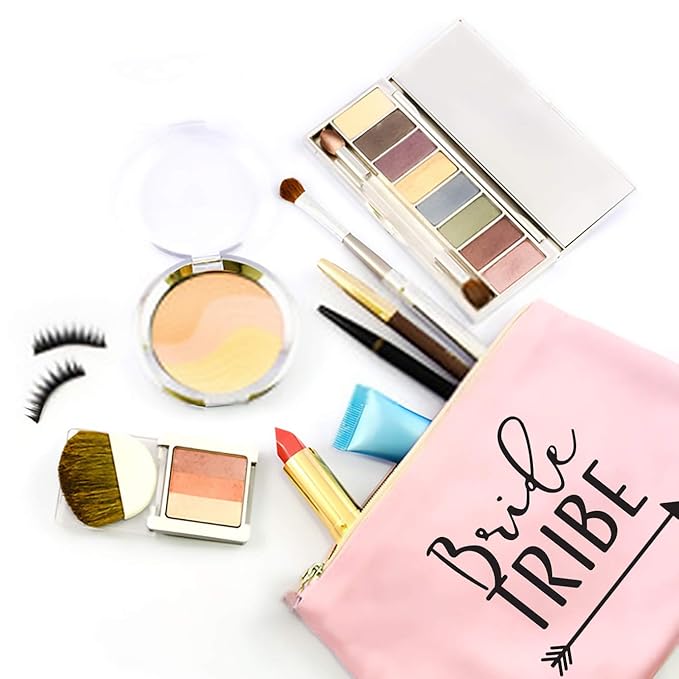 Heather & Willow 6 Piece Set | Rose Gold Bride Tribe Canvas Cosmetic Makeup Clutch Gifts Bag for Bridesmaid Proposal Box & Bridesmaids Bachelorette Party Favors