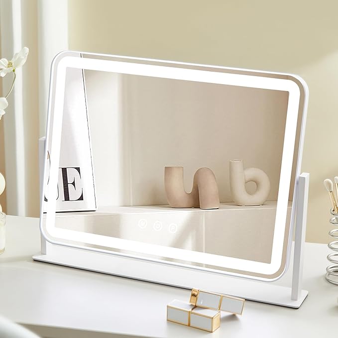 HIEEY Vanity Mirror with Lights, Makeup Mirror with Lights, Three Color Lighting Modes, and 5X Magnification Mirror, Smart Touch Control, 360°Rotation (13.5" x 17.4" White,Gift Box)