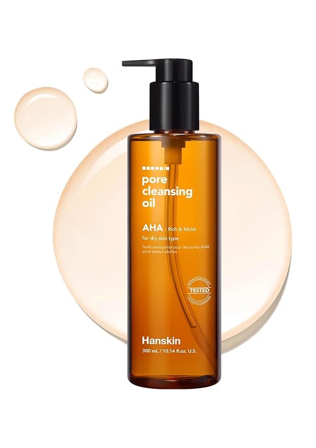 Hanskin AHA Pore Cleansing Oil for Dry Skin, Exfoliating, Waterproof Makeup Remover Facial Cleanser, Moisturizing for Soft Skin, Korean Skincare [AHA/10.14 oz.]