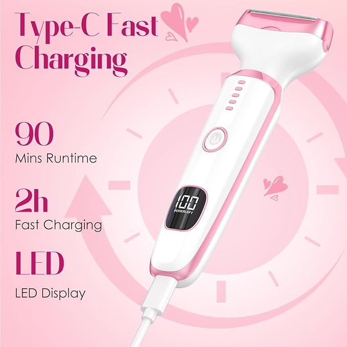 Electric Razors for Women Legs, 5 in1 Electric Shaver for Women, Bikini Trimmer with LED Display, Rechargeble Facial and Body Hair Remover for Face Nose Eyebrow Arms Armpit Legs Pubic Area (Pink)