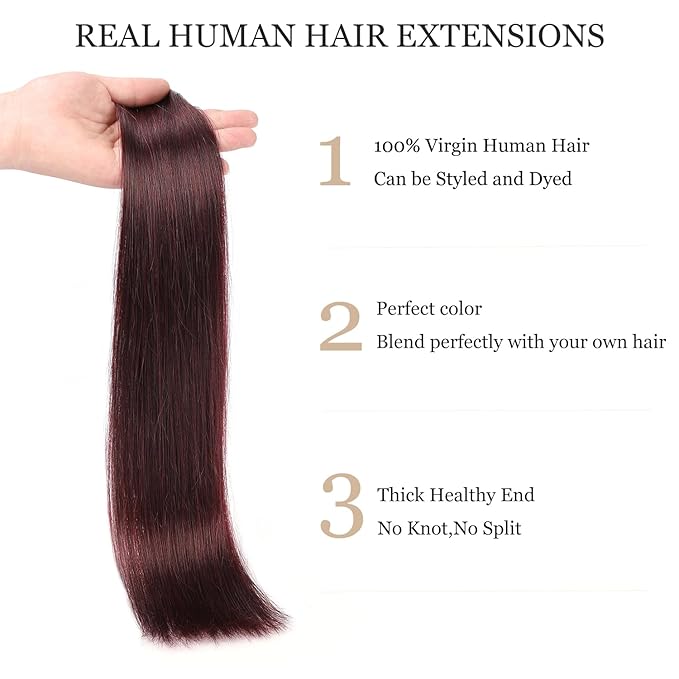 Burgundy Red Clip in Hair Extensions Real Human Hair,70G 7Pcs #99J Wine Red Human Hair Clip in Extensions 18Inch