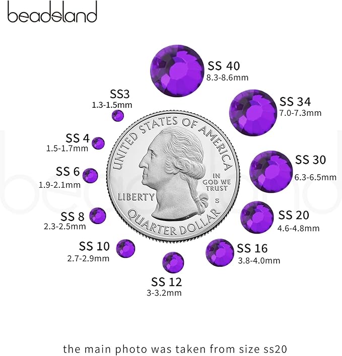 Beadsland 288pcs Flat Back Crystal Rhinestones Round Gems for Nail Art and Craft Glue Fix, Pure Purple, SS30, 6.3-6.5mm