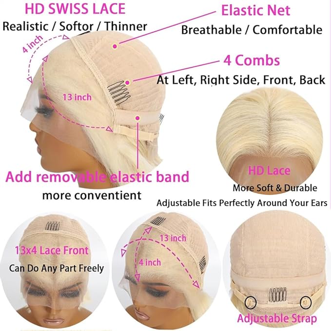 Blonde Bob Wig Human Hair 613 Lace Front Wigs Human Hair 180% Density 13x4 HD Lace Frontal Straight Wigs Human Hair Pre Plucked With Baby Hair Short Bob Wigs for Women 16 Inch