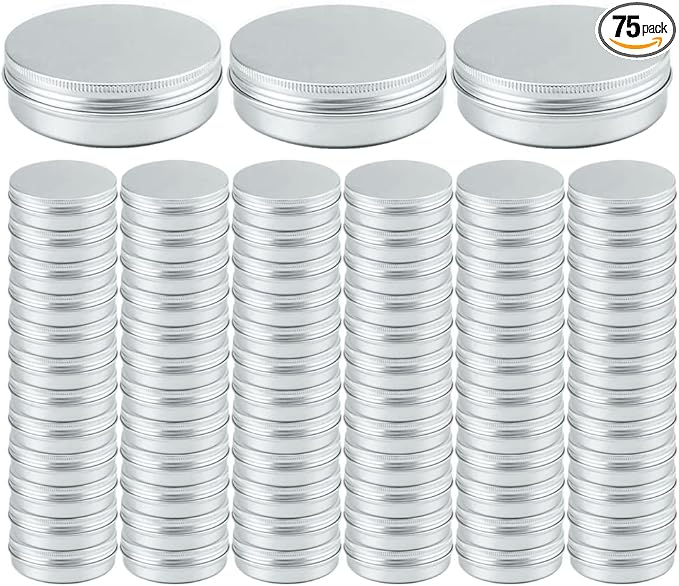 2oz Aluminum Empty Storage Screw-top Tin Jars with Lids, 75PCS Round Candle Cans, Refillable Cosmetic Containers for Lip Balm, Shea Butter, Salves, Silver