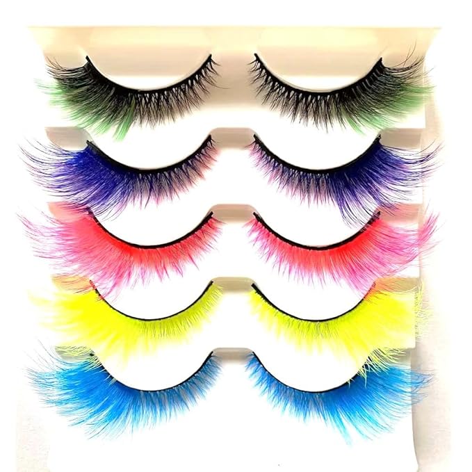 Sunniess Ombre Colored Lashes Silk Protein Fluffy Wispy Volume Fake Lashes for Halloweens Cosplay Party Stage Russian D Curl Lashes with Color Make up Faux Mink False Eyelashes 5 Pairs