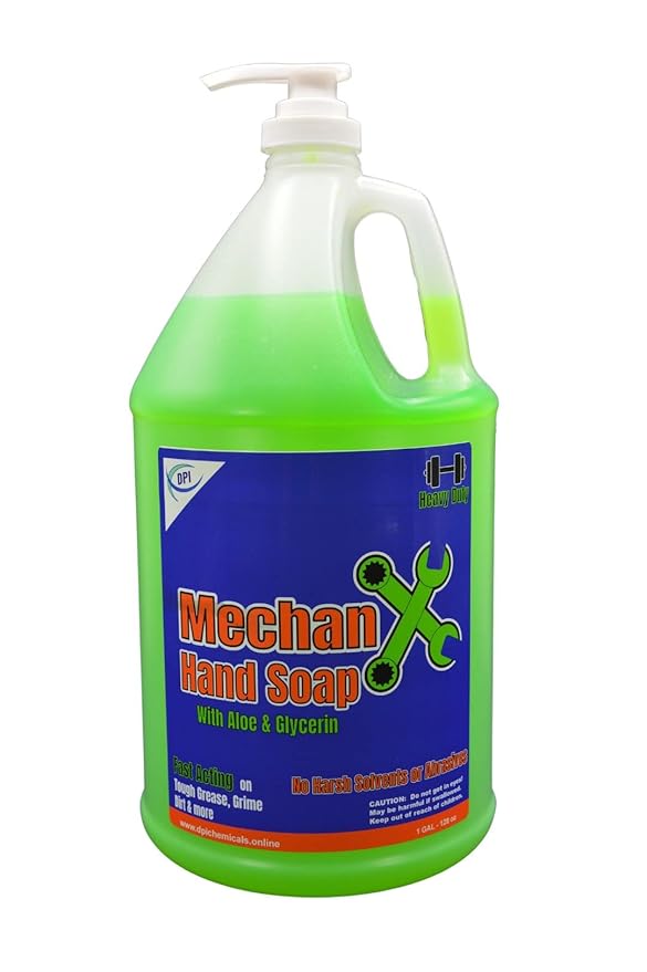 DPI MechanX Hand Soap, heavy duty, non abrasive, fast acting on grease, grime, and dirt. Gentle on hands, non drying or chapping for everyday use.. 1 Gallon with pump