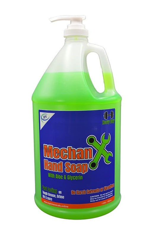 DPI MechanX Hand Soap, heavy duty, non abrasive, fast acting on grease, grime, and dirt. Gentle on hands, non drying or chapping for everyday use.. 1 Gallon with pump