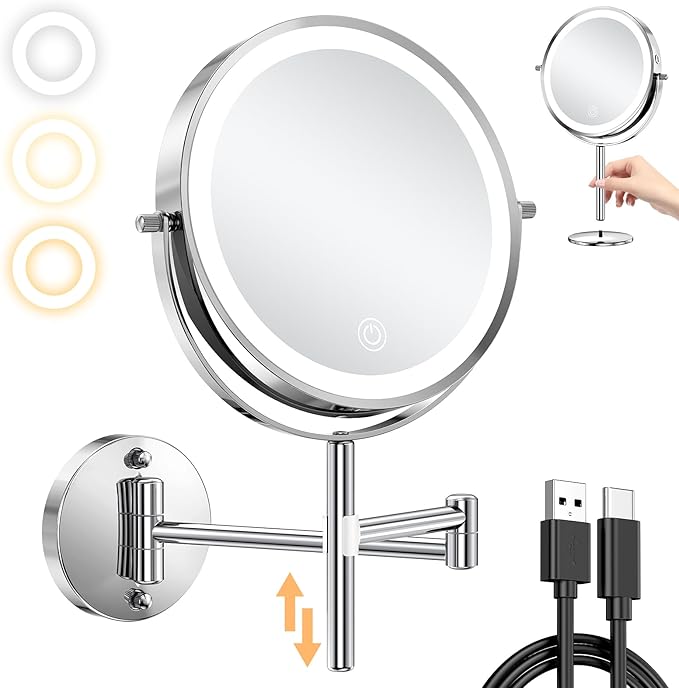 Benbilry Lighted Wall Mounted Makeup Vanity Mirror with Magnification 10X/1X, Adjustable Height & 3 Color Lights, Rechargeable 8" Dual Use Magnifying Tabletop Mirror, 360° Swivel with Extendable Arm