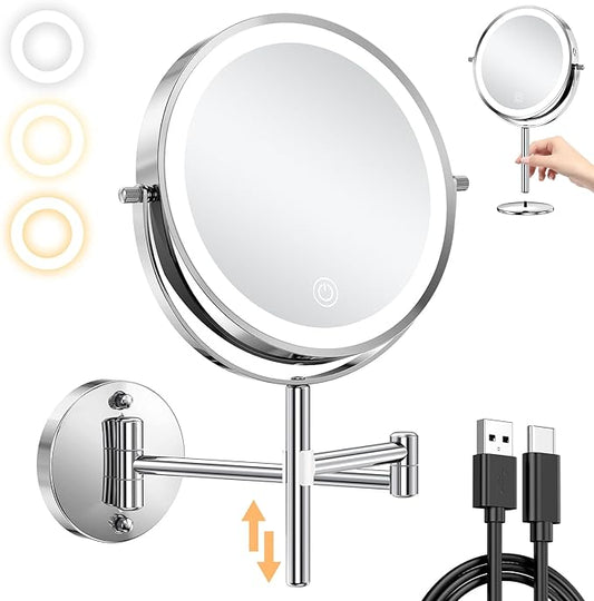 Benbilry Lighted Wall Mounted Makeup Vanity Mirror with Magnification 10X/1X, Adjustable Height & 3 Color Lights, Rechargeable 8" Dual Use Magnifying Tabletop Mirror, 360° Swivel with Extendable Arm
