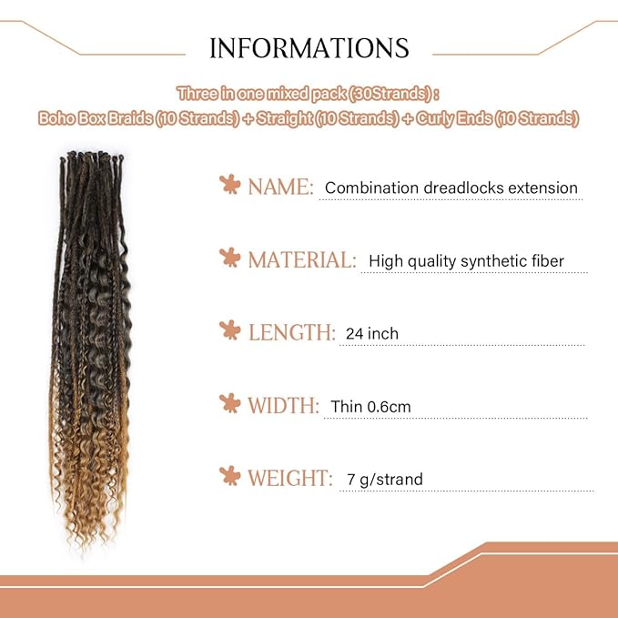 24 Inch 30 Strands SE Dreadlock Extensions Sets，3 In 1 Mixed Synthetic Dreads Extensions, Ombre Deep Brown Straight&Curly&Boho Handmade Dreads Hippie Style Dreadlocks for Woman
