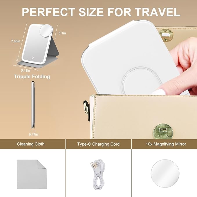 Mocado Travel Makeup Mirro with Lights, 360° Rotation Lighted Makeup Mirror, Portable Mirror with 10x Magnification, 60LEDs 3 Color Lightings, Dimmable Touch Screen, Tabletop Light up Mirror(White)