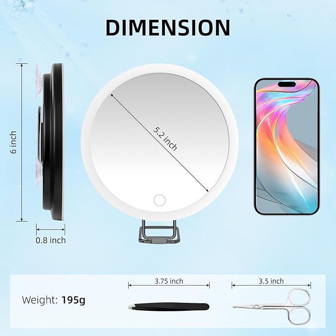 5X Makeup Magnifying Mirror with Lights, 6'' Magnifying Mirror with 3 Color Lights Dimmable Makeup Mirror with 5X Magnification, Lighted Travel Magnifying Mirror with Suction Cups and Adjustable Stand