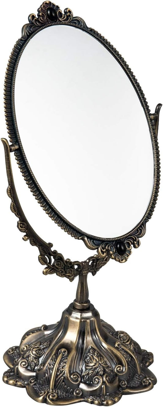 Feyarl Small Metal Vintage Makeup Mirror Floral Tabletop Oval Vanity Swivel Double Sided Mirror with Stand Elegant Decorative for Dressing Room Bedroom (Bronze)