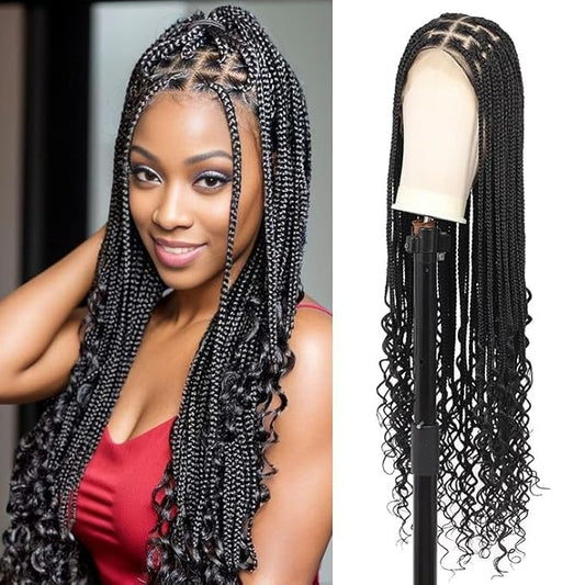 36 Inch 13X8 HD Lace Front Box Braided Wigs With Boho Curly Ends Knotless Braided Wig For Women Human Hair Blended Braids Lace Front Wig With Baby Hair Natural Black