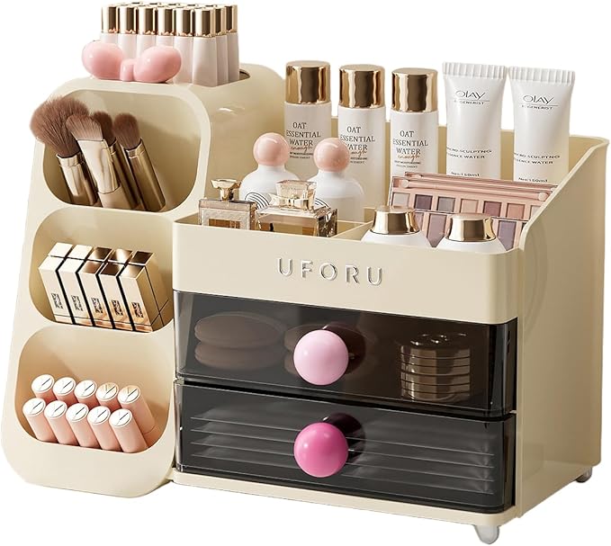 Makeup Organizer for Vanity, Countertop Organizer With Drawers, Spacious Cosmetic Display Case for Beauty Essential, Skincare, Lipstick, Cream White&Pink