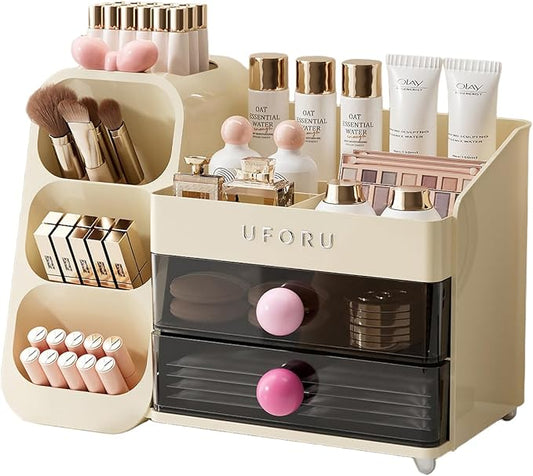 Makeup Organizer for Vanity, Countertop Organizer With Drawers, Spacious Cosmetic Display Case for Beauty Essential, Skincare, Lipstick, Cream White&Pink