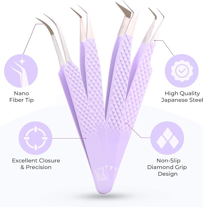 M LASH Tweezers for Eyelash Extensions (Set of 4) - Professional Lash Extension Tweezers - Fiber Tip, Japanese Steel, Diamond Grip Eyelash Extension Tweezer (Digital Lavender)