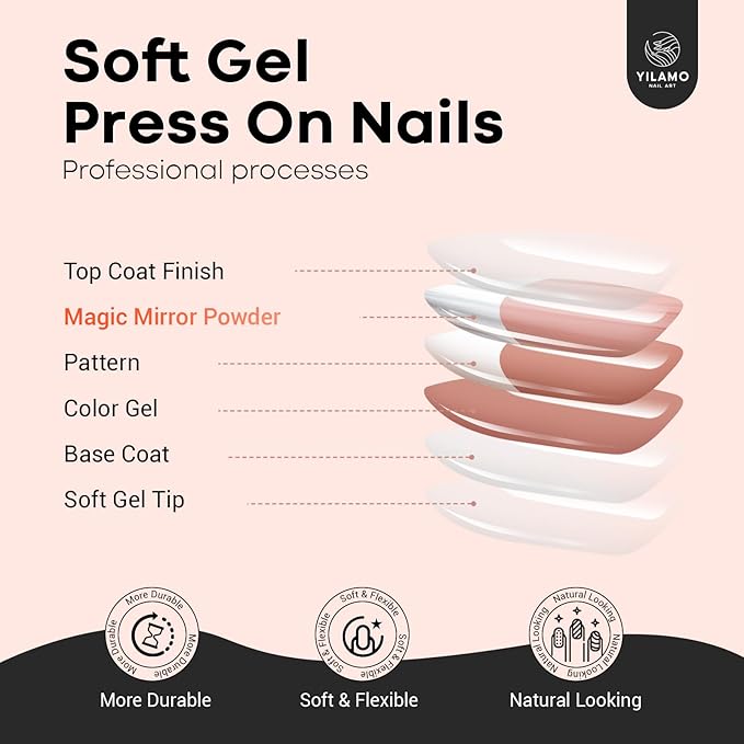 Almond Press On Nails - Medium, Mirror White Sheen French Tip, 300 PCS in 15 Sizes, 2 Colors, Chrome Glazed Glue On Nails for Daily Use and Gifts