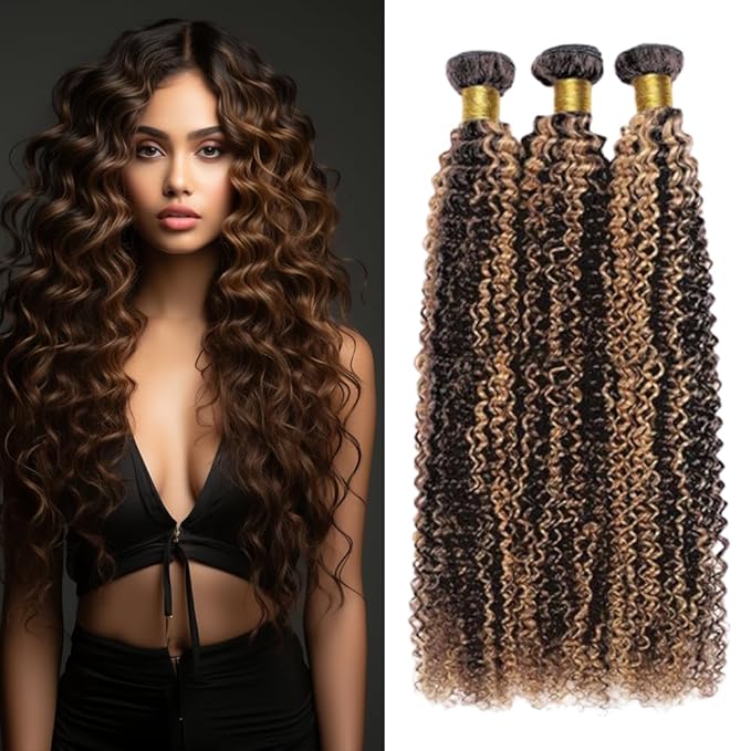 P1B/30 Curly Bundles Highlight Curly Wave Human Hair Bundles Black and Light Brown two tone Brazilian Human Hair Soft and Silky for Black Women 08 10 12 Inch