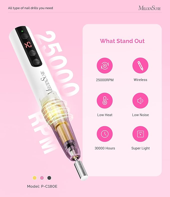 MelodySusie Rechargeable Cordless Electric Nail Drill with 10Pcs Diamond Sanding Bit Set with 40pcs Small Sanding Bands