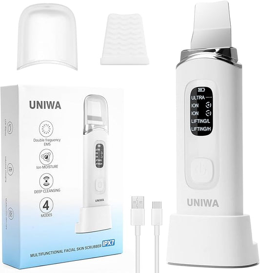 UNIWA Skin Scrubber Face Spatula, Skin Scrubber Pore Cleaner Blackhead Remover Tool for Deep Facial Cleansing - 4 Modes, Face Spatula with USB Charger, LCD Display, IPX7 Waterproof - White