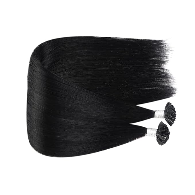 Fshine Nail Tip Hair Extensions Human Hair Jet Black 16 Inch Pre Bonded U Tip Remy Human Hair Extensions Color 1 Black Keratin Bond Real Hair Extensions Hot Fusion 50g/set 1g/s